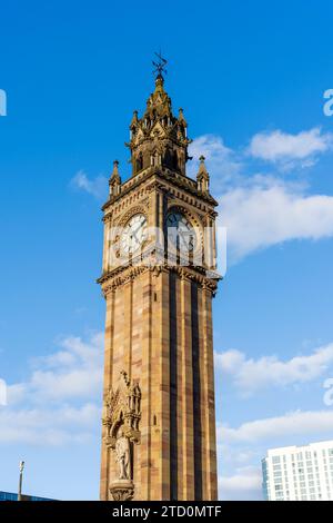 Albert Memorial Clock, clock tower built in 19th century dedicated to Prince Albert in Queen's Square in Belfast city center, Northern Ireland Stock Photo