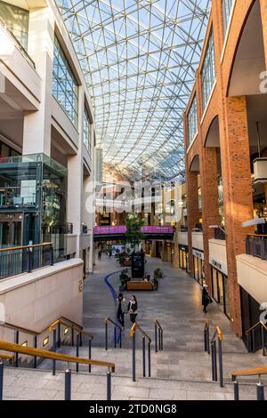 Entrance of the shopping complex Victoria Square Shopping Centre, with shops and restaurants, Belfast city center, Northern Ireland Stock Photo