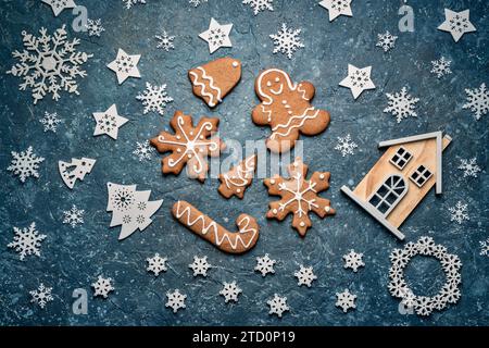 Christmas cookies with icing decoration isolated on white background, holidays winter biscuits Stock Photo