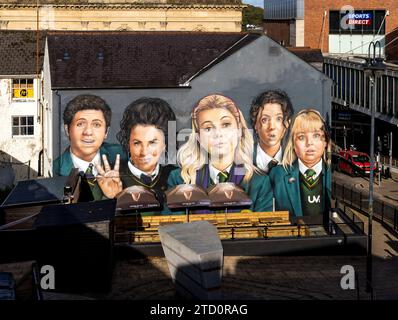 Mural dedicated to the famous award-winning series 'Derry Girls' on Orchard Street, in the city center of Derry, Northern Ireland Stock Photo