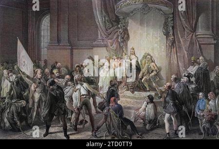 Acclamation of Maria Theresa of Austria (Maria Theresia Walburga Amalia Christina), Queen of Hungary, at the Diet of 1741 (the date of her coronation), by the Hungarian magnates - 19th century engraving. Stock Photo