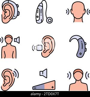 Hearing aid color icons set. Volume booster for ears, for the deaf old and young. For better hearing, simple icon collection. Stock Vector