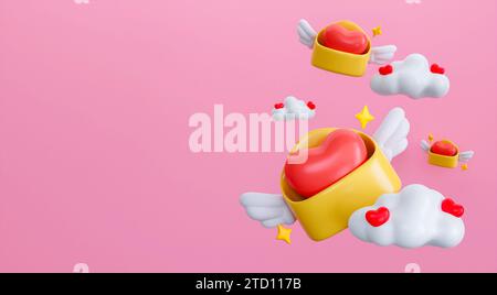 Yellow envelope with wings and red heart. Be my Valentine. Happy Valentine's Day banner copy space for text. 3D rendering illustration Stock Photo
