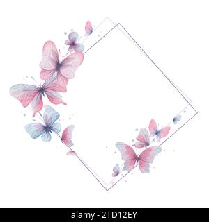 Butterflies are pink, blue, lilac, flying, delicate with wings and splashes of paint. Hand drawn watercolor illustration. Frame rhombus, template Stock Photo