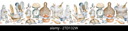 Preparing bakery products seamless border. Watercolor utensils and tools for making homemade baked goods. Cooking desserts and bread drawn by hand. Stock Photo