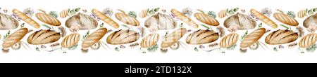 Watercolor seamless border of baking bread. Hand drawn wheat product. Horizontal background of baguette and food on isolated background. Stock Photo