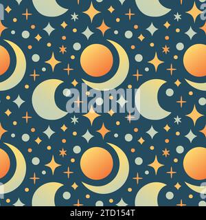 Solar Eclipse seamless pattern in flat cartoon style for kids education at school, stickers, scrapbooking, nursery room Stock Vector