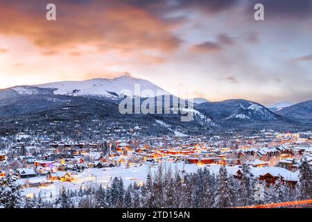 Breckenridge, Colorado, USA town skyline in winter at dawn. Stock Photo