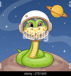 A cute cartoon green snake astronaut in a helmet on the planet. Space animal vector illustration on dark blue background with stars and saturn. Stock Vector