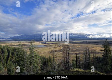 Overlooking the Kootenai River Valley, looking towards the Purcell Mountains, in fall. Boundary County, North Idaho. (Photo by Randy Beacham) Stock Photo