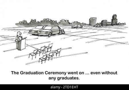 BW cartoon showing a dean conducting the graduation ceremony, even though there are no graduates. Stock Photo