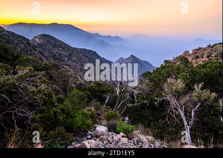 Discover the beauty of Saudi Arabia. Extraordinary landscape of the Asir Mountains, Sarawat mountain range in Billasmar area. Stock Photo