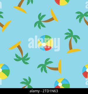 Vector Illustration palm Trees and Beach Balls Seamless Pattern or Background Stock Vector
