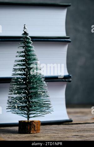 Small Christmas tree on the background stack books Stock Photo