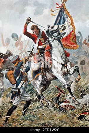 BATTLE OF WATERLOO  18 June 1815.       Ensign Charles Ewart (1769-1846)  a Scottish soldier of the Royal North British Dragoons capturing the regimental Eagle flag of the 45th French Regiment of the Line. Stock Photo