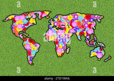 outline of the world, all continents, with colorful flowers on a green meadow, graphic Stock Photo