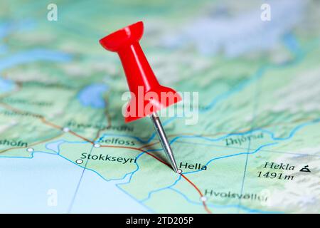 Hella, Iceland pin on map Stock Photo