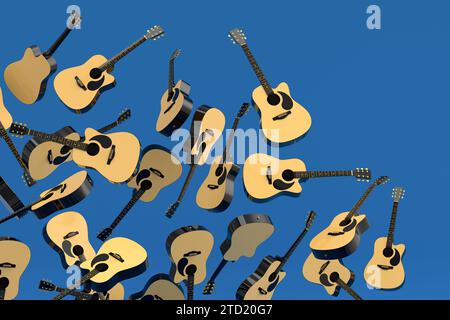 Many of flying acoustic guitars isolated on blue background. Stock Photo