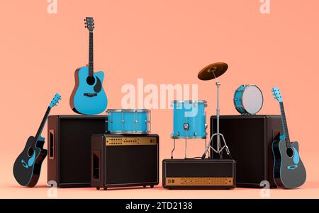 Set of electric acoustic guitars, amplifiers and drums with cymbal on orange Stock Photo