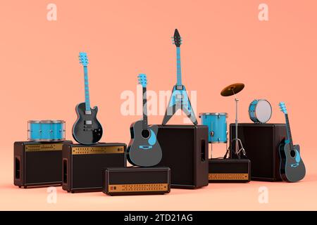 Set of electric acoustic guitars, amplifiers and drums with cymbal on orange Stock Photo