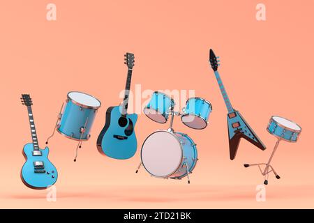 Set of electric acoustic guitars and drums with cymbals on orange background Stock Photo
