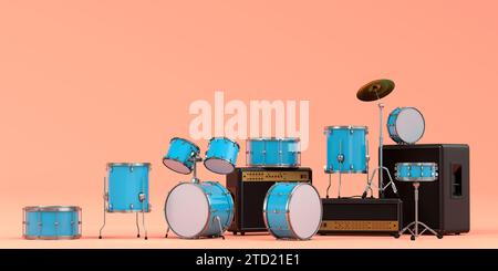 Set of electric acoustic guitars, amplifiers and drums with cymbal on orange Stock Photo