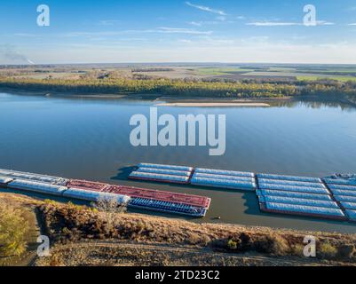 barges on the Mississippi River at a confluence with the Ohio below Cairo, Illinois, late fal aerial view Stock Photo