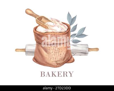 Burlap bag with flour, wooden scoop. Sack with wheat flour and marble rolling pin. Watercolor hand drawn illustration, isolated on white background Stock Photo