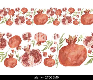 Watercolor seamless border with pomegranate fruits and green leaves isolated on a white background. Hand drawn fruit ribbon with pomegranate for desig Stock Photo