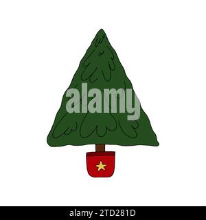 Hand drawn christmas tree in pot with star. Vector flat illustration Stock Vector