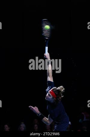 15th December 2023; ExCel Centre, Newham, London, England; Ultimate Tennis Showdown Grand Final Day 1; Andrey Rublev (Rublo) serves to Casper Ruud (The Ice Man) Stock Photo