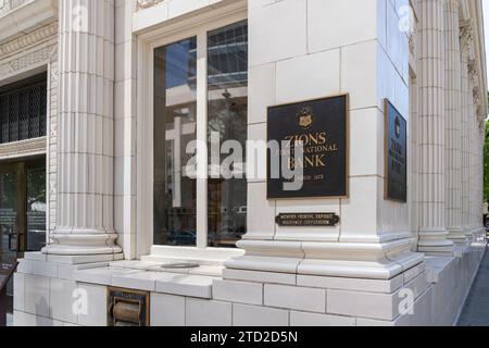 Close up of a metal plate on the Zions First National Bank building in Salt Lake City, USA Stock Photo