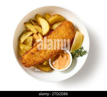 bowl of breaded fish fillet and fried potato wedges isolated on white background, top view Stock Photo