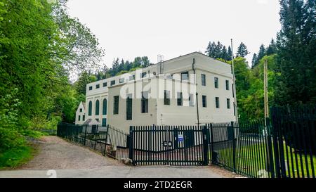 Bonnington Hydro Electric Power Station on River Clyde Scotland, the Oldest Hydro Electric Station in UK, Generating Electricity From Local Waterfalls Stock Photo