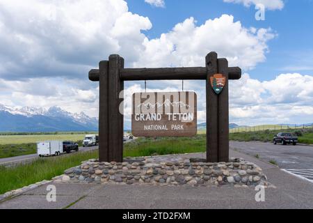 The entrance sign of Grand Teton National Park, Wyoming, USA Stock Photo