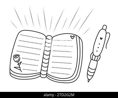 Black line notepad and pen, cute vector monochrome illustration Stock Vector