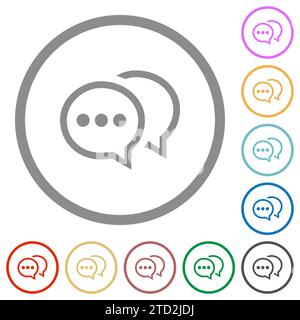 Two oval active chat bubbles outline flat color icons in round outlines on white background Stock Vector