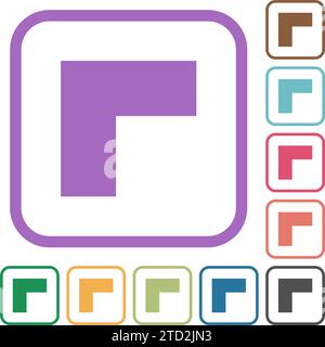 Top left 90 degrees angle arrow solid simple icons in color rounded square frames on white background Stock Vector