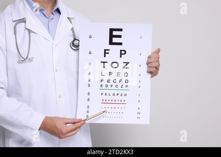Ophthalmologist pointing at vision test chart on light background, closeup Stock Photo