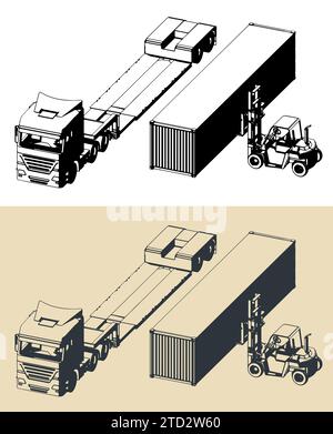 A truck with a low-bed trailer on which a forklift loads a container Stock Vector