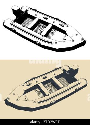 Stylized vector illustrations of inflatable motor boat Stock Vector