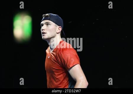 London, UK. 15th Dec 2023. Jack 'The Power' Draper during his game against  Holger 'The Viking' Rune during the UTS London Tennis at the ExCel Centre, London Docklands, UK on 15 December 2023. Photo by Joshua Smith. Editorial use only, license required for commercial use. No use in betting, games or a single club/league/player publications. Credit: UK Sports Pics Ltd/Alamy Live News Stock Photo