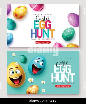 Easter egg sale vector banner set. Easter egg hunt for special offer discount promo text with colorful elements in printed and smiling face decoration Stock Vector
