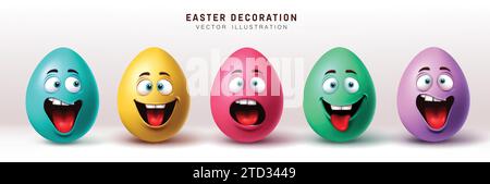 Easter eggs characters vector set design. Easter egg character decoration with happy, smiling and cute face expression colorful collection. Vector Stock Vector