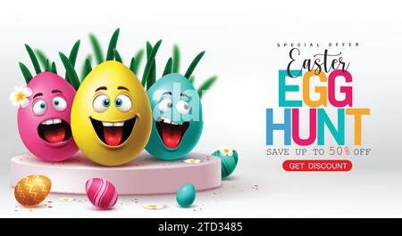 Easter sale podium vector banner. Easter egg hunt special offer 50% discount for holiday season product display advertisement design. Vector Stock Vector