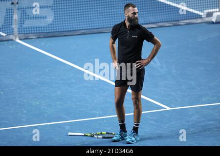 London, UK. 15th Dec 2023. Benoit 'The Rebel' Paire during his game against Casper 'The Iceman' Ruud during the UTS London Tennis at the ExCel Centre, London Docklands, UK on 15 December 2023. Photo by Joshua Smith. Editorial use only, license required for commercial use. No use in betting, games or a single club/league/player publications. Credit: UK Sports Pics Ltd/Alamy Live News Stock Photo