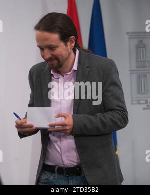 Madrid, 05/07/2019. Press conference by the leader of Unidas Podemos Pablo Iglesias at the Moncloa Palace after meeting with the President of the Government Pedro Sánchez. Photo: Ángel de Antonio archdc. Credit: Album / Archivo ABC / Ángel de Antonio Stock Photo