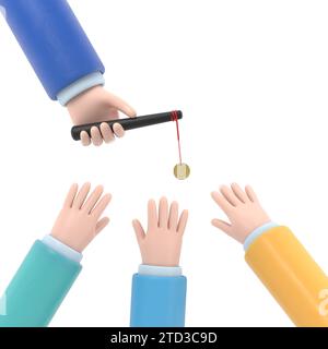 Incentive concept. Business metaphor. Personnel management leadership. Motivate people. Big hand holds gold coin on stick,businessman running for bait Stock Photo