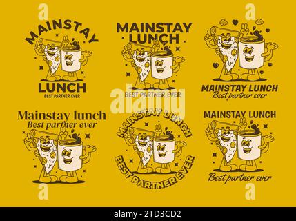 Mainstay lunch, best partner ever. Mascot character illustration of a coffee mug and a slice pizza Stock Vector