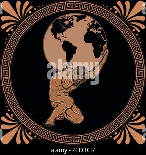 Vector design of Titan Atlas holding planet Earth, ancient Greece amphora art, Greek mythology titan Stock Vector